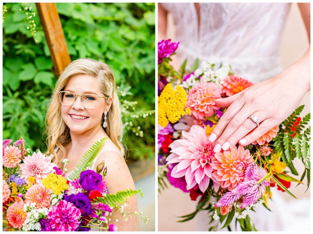 bride holding bright and bold wedding bouquet