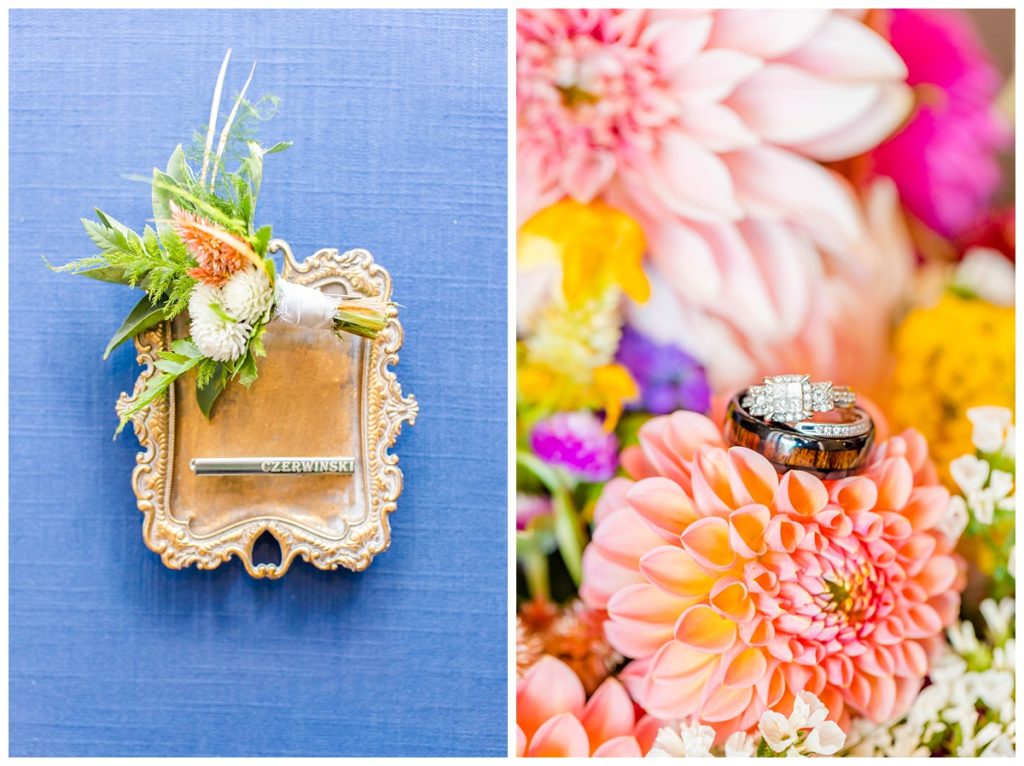 bright flowers with wedding rings