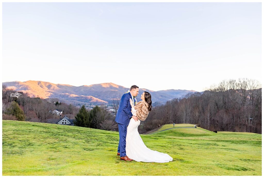 bride and groom portrait with mountains in the background