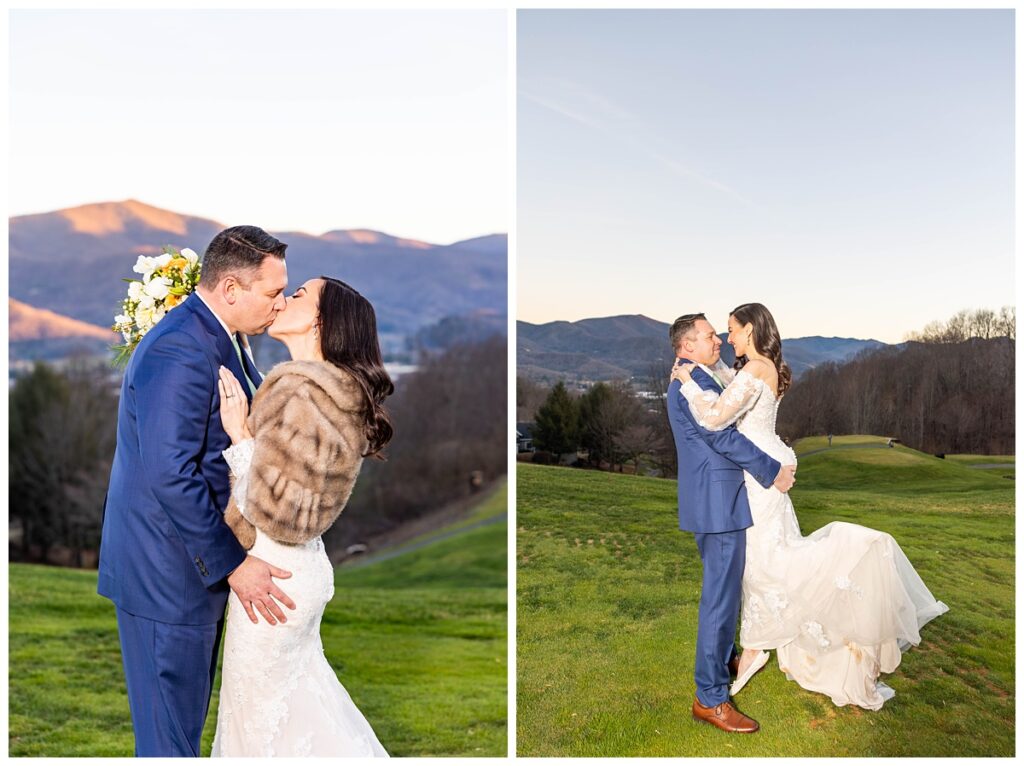 bride and groom portrait with mountains in the background at Laurel Ridge Country Club