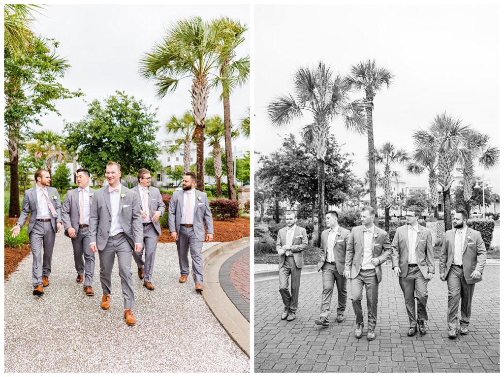 groomsmen walking at Charleston harbor resort wedding