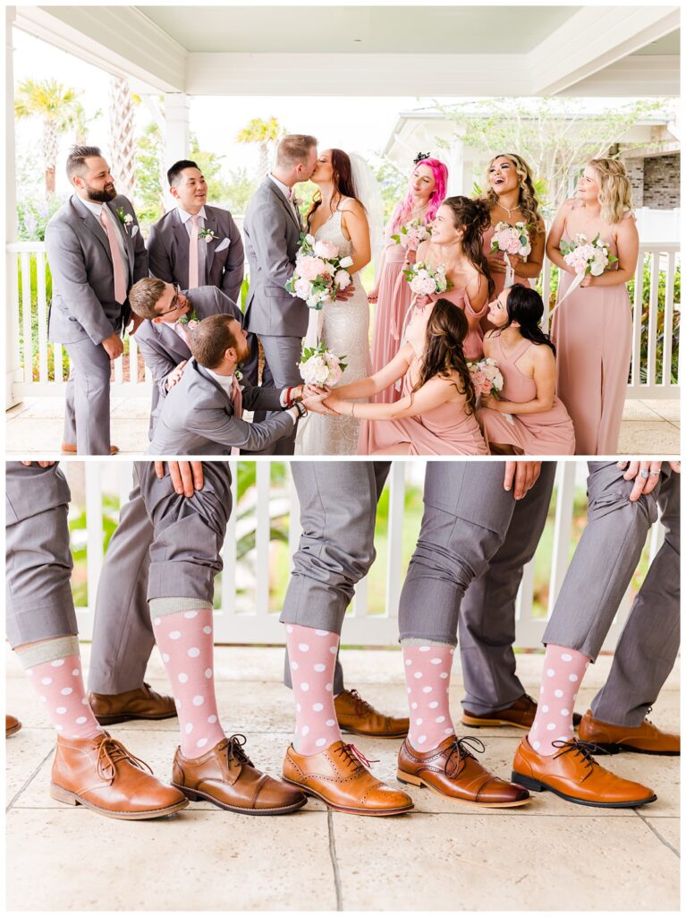 groomsmen photo of pink socks with white polka dots and shoes