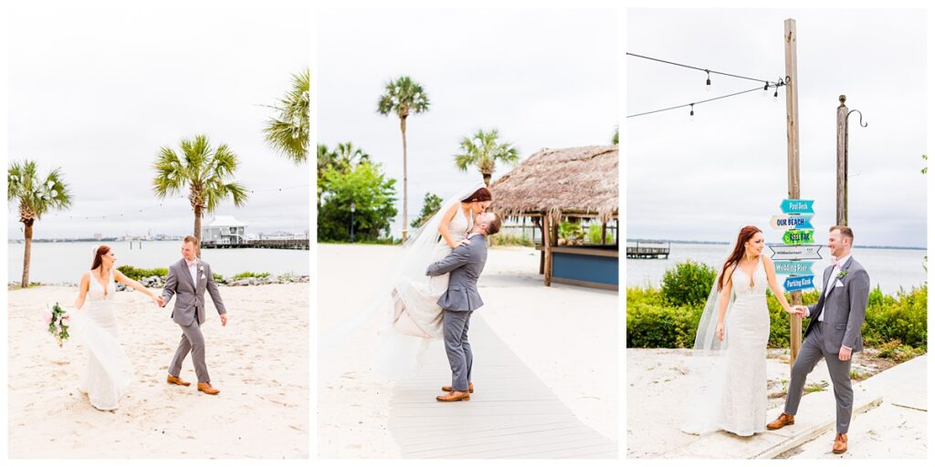 bride and groom walking hand in hand on beach in Charleston, SC