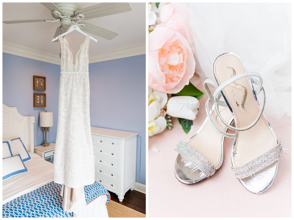 wedding dress and wedding day silver heels at a Charleston beach wedding