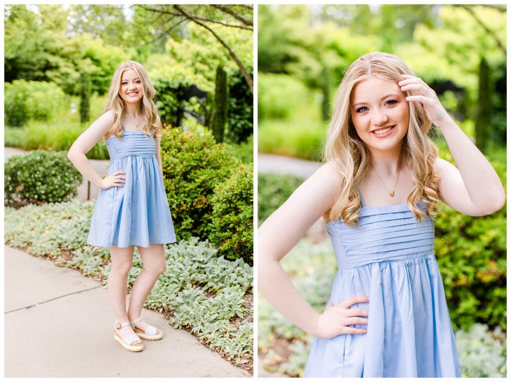 blonde girl in blue dress poses for NC Arboretum senior portraits