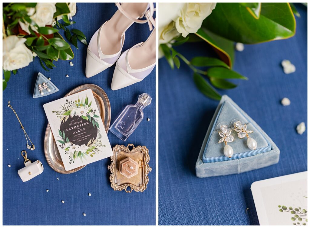 blue and white wedding details