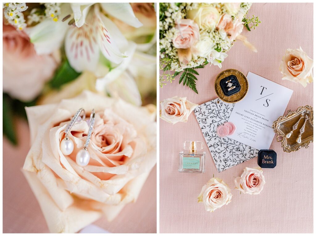 closeup photos of pearl earrings and invitation suite